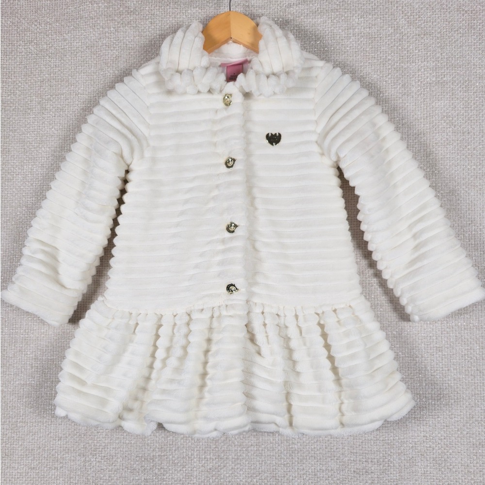 Juicy Couture Kids Girls White‎ Faux Fur Ribbed Peplum Coat Heart Charm Size 7